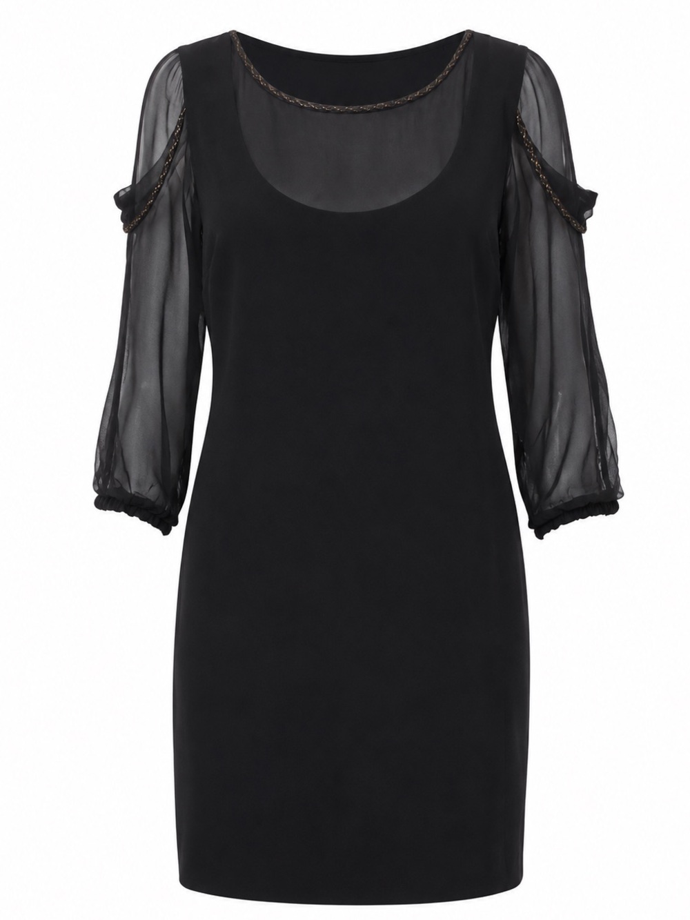 New MOSCHINO Silk Chain Link Black Cold-Shoulder Sheer Sleeve Dress Size 10